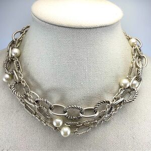 Beautiful Unsigned Weighted Silver Tone Faux Pearl Filigree Twist Layer Necklace